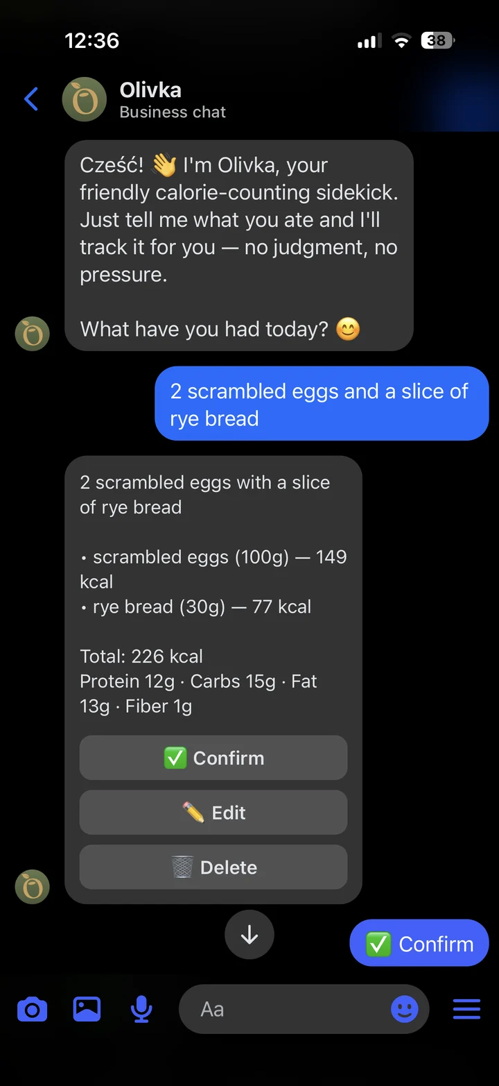 Olivka product conversation showing a meal estimate with calories, macros and confirm or edit controls